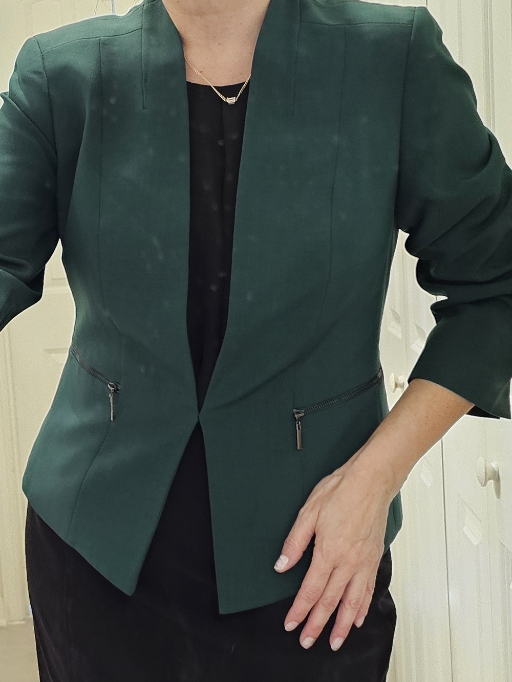 Women's Forest Green Collarless Blazer with Zip Pockets